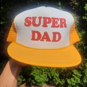 Vintage SUPER DAD Trucker Hat Yellow Snapback Russ Brand 80s 90s